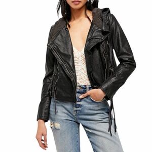 Free People “Cleo” Vegan Leather Moto Jacket – Edgy Biker Vibes w/ Hoodie (M)